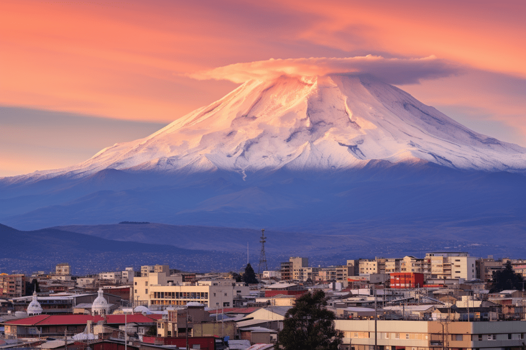 Riobamba city with Chimborazo volcano on the background